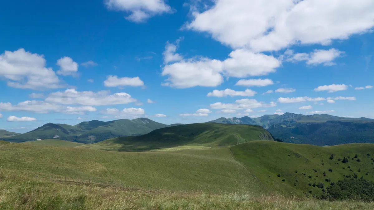 Plateau verdoyant du Cantal sous un ciel bleu
