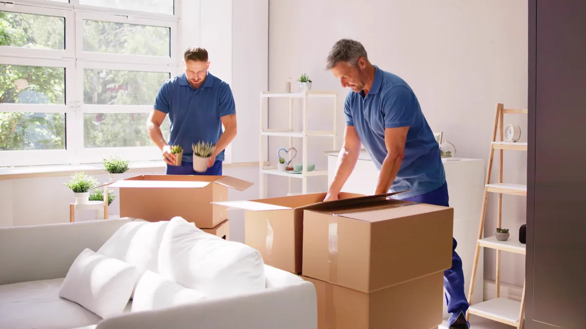 Déménageurs emballant des cartons dans un salon lumineux
