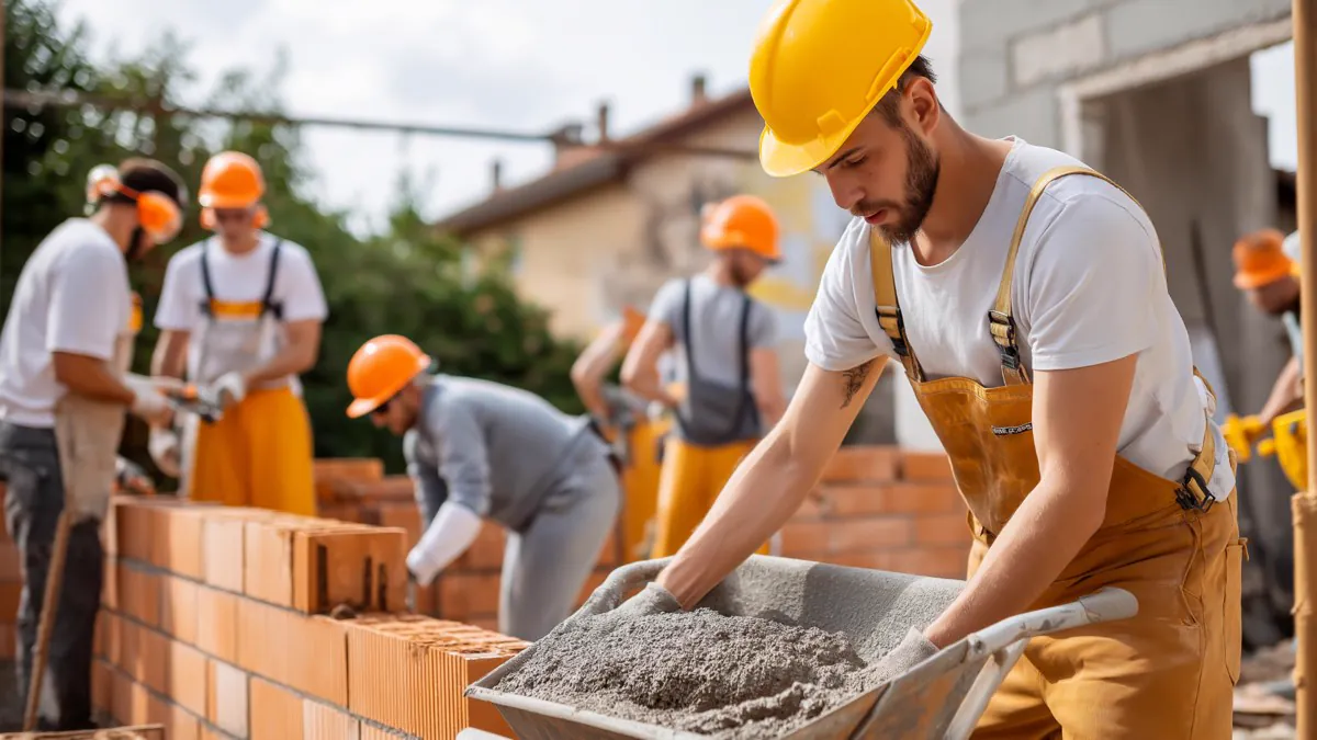 Maçons sur un chantier avec brouette de mortier et mur en briques