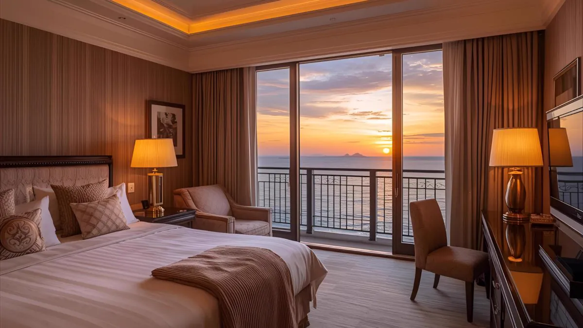 Chambre d’hôtel élégante avec balcon et vue mer au coucher du soleil