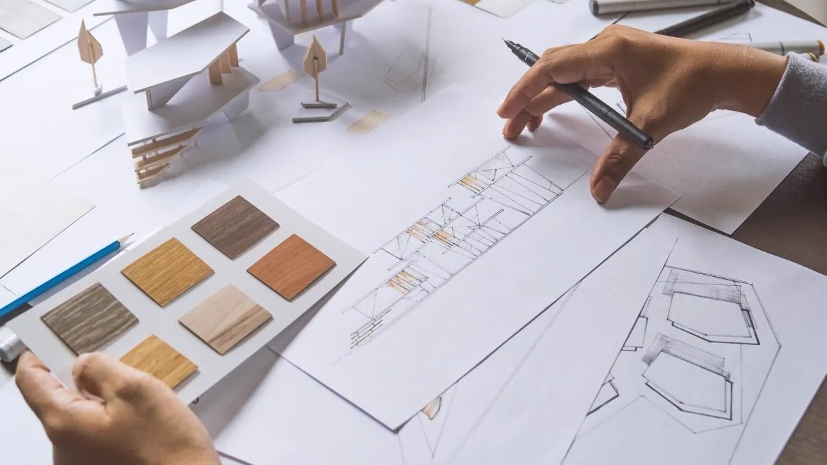 Plans d’architecte, échantillons de matériaux et maquettes de projet