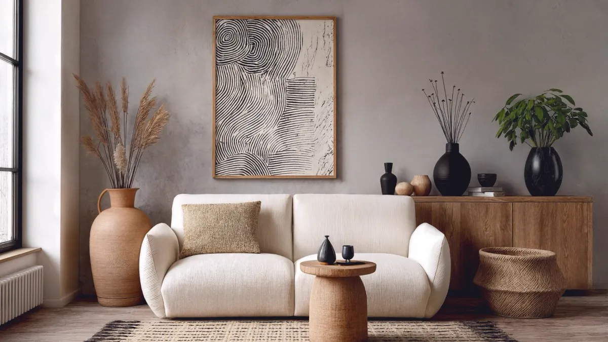Salon décoré avec goût : canapé clair, œuvre graphique et matières naturelles