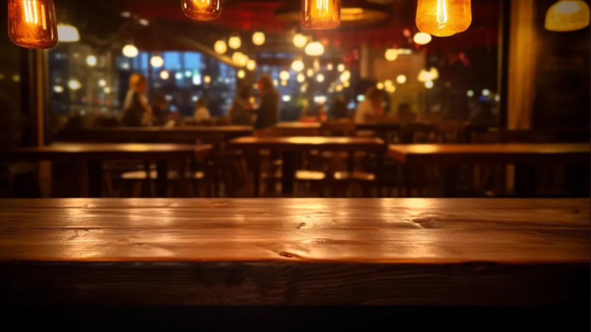 Salle de restaurant chaleureuse à l’ambiance tamisée en soirée