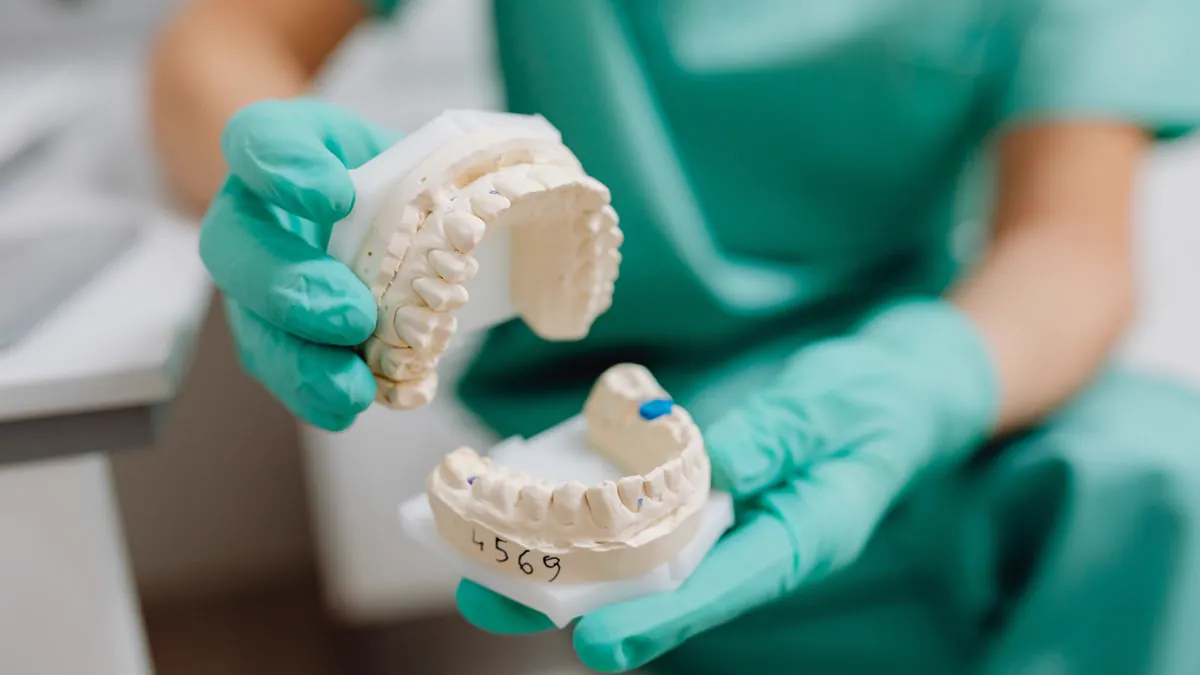 Prothésiste dentaire présentant des moulages de dents