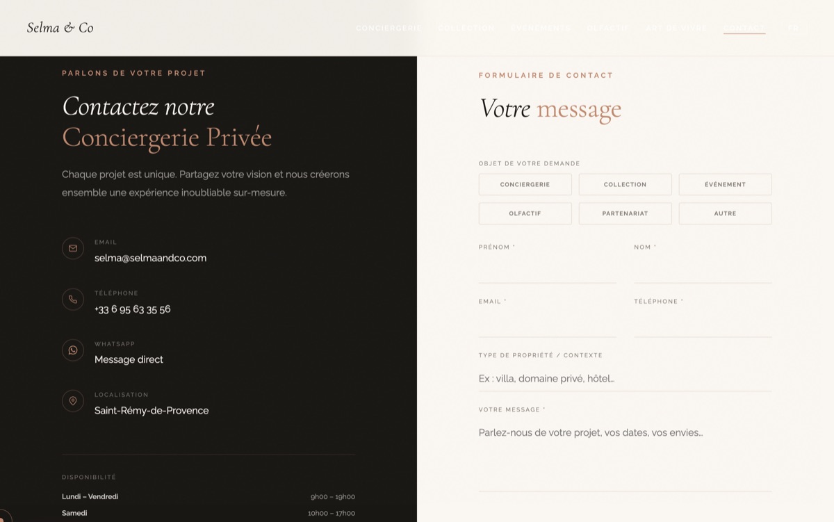 Aperçu du site Selma & Co, page contact de la conciergerie privée à Saint-Rémy-de-Provence